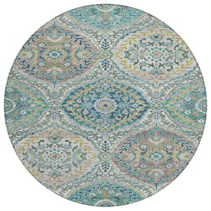 HomeRoots 5' Elegant Washable Area Rug in Teal and Fern Green Floral Design for Indoor & Outdoor Spaces 8' Round 628370