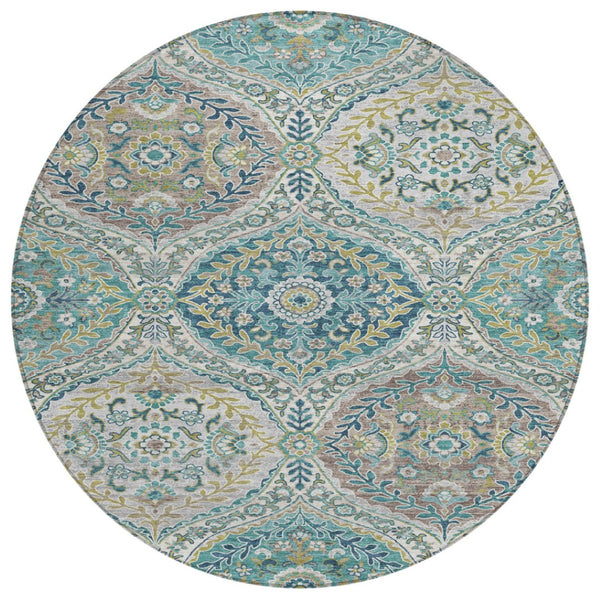 HomeRoots 5' Elegant Washable Area Rug in Teal and Fern Green Floral Design for Indoor & Outdoor Spaces 8' Round 628370