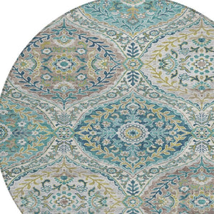 HomeRoots 5' Elegant Washable Area Rug in Teal and Fern Green Floral Design for Indoor & Outdoor Spaces 8' Round 628370