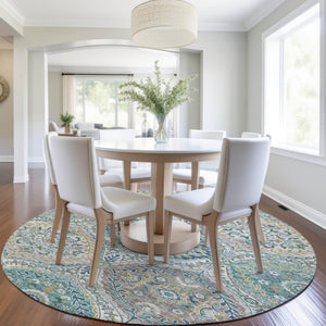 HomeRoots 5' Elegant Washable Area Rug in Teal and Fern Green Floral Design for Indoor & Outdoor Spaces 8' Round 628370