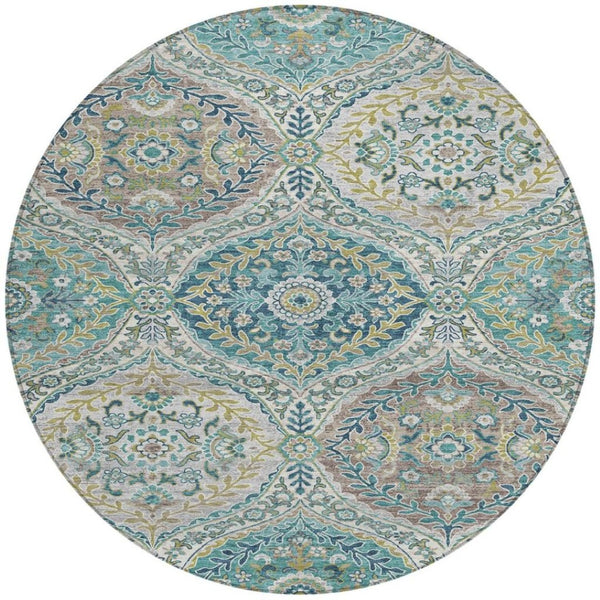 HomeRoots 5' Elegant Washable Area Rug in Teal and Fern Green Floral Design for Indoor & Outdoor Spaces 8' Round 628370