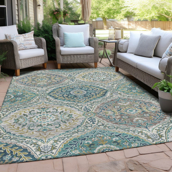 HomeRoots 5' Elegant Washable Area Rug in Teal and Fern Green Floral Design for Indoor & Outdoor Spaces 8' X 10' 628371