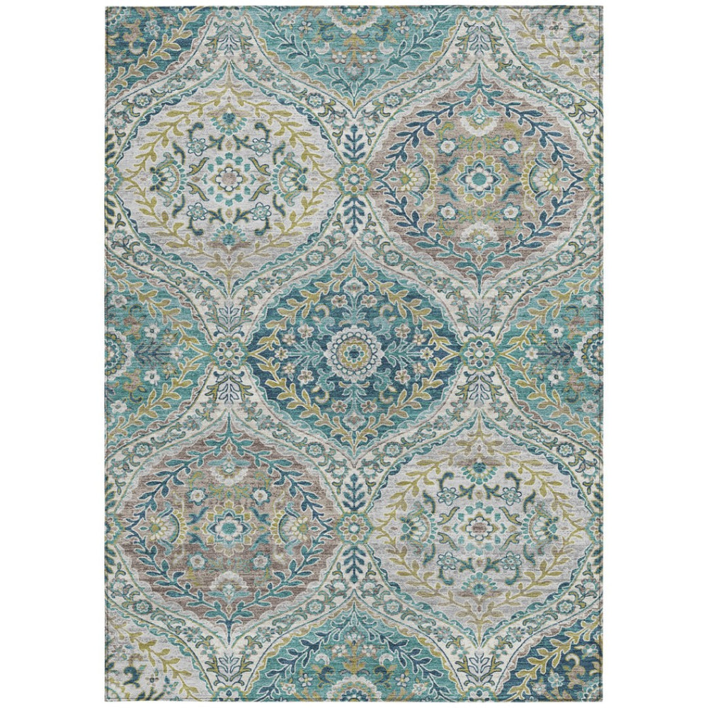 HomeRoots 5' Elegant Washable Area Rug in Teal and Fern Green Floral Design for Indoor & Outdoor Spaces 9' X 12' 628372
