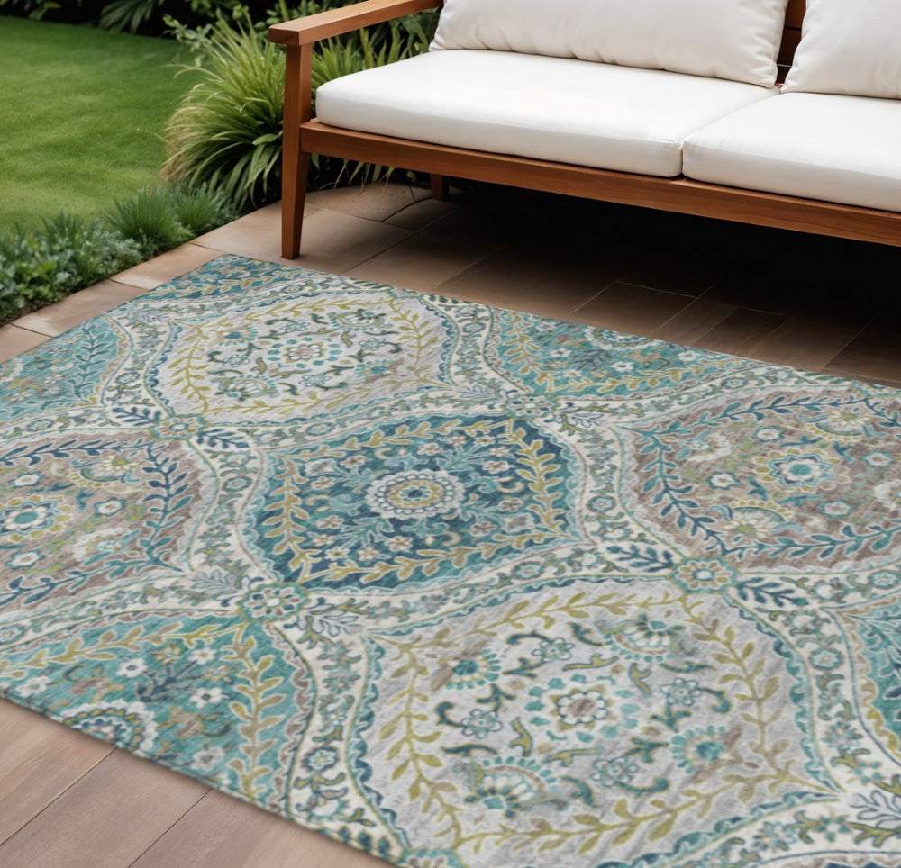 HomeRoots 5' Elegant Washable Area Rug in Teal and Fern Green Floral Design for Indoor & Outdoor Spaces 9' X 12' 628372