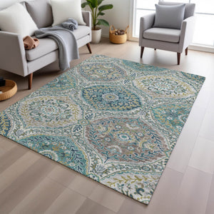 HomeRoots 5' Elegant Washable Area Rug in Teal and Fern Green Floral Design for Indoor & Outdoor Spaces 9' X 12' 628372