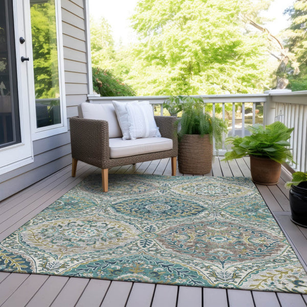 HomeRoots 5' Elegant Washable Area Rug in Teal and Fern Green Floral Design for Indoor & Outdoor Spaces 9' X 12' 628372