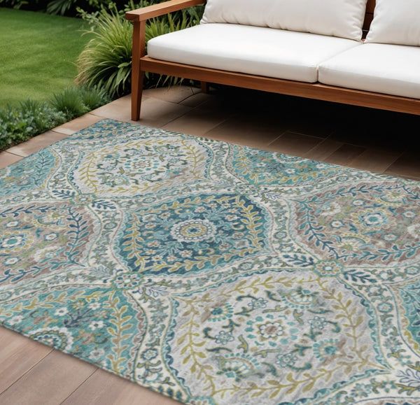 HomeRoots 5' Elegant Washable Area Rug in Teal and Fern Green Floral Design for Indoor & Outdoor Spaces 10' X 14' 628373