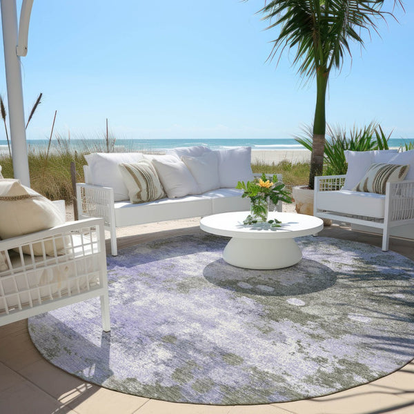 HomeRoots 5' Modern Abstract Lavender and Taupe Washable Area Rug for Indoor and Outdoor Durability 8' Round 628406