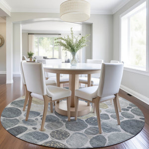 HomeRoots 5' Modern Geometric Washable Area Rug in Soft Pewter Beige and Ivory for Indoor and Outdoor Use 8' Round 628436