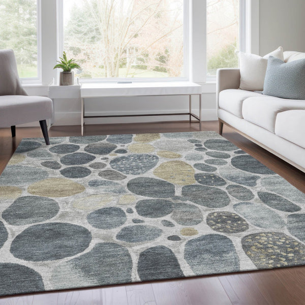 HomeRoots 5' Modern Geometric Washable Area Rug in Soft Pewter Beige and Ivory for Indoor and Outdoor Use 8' X 10' 628437