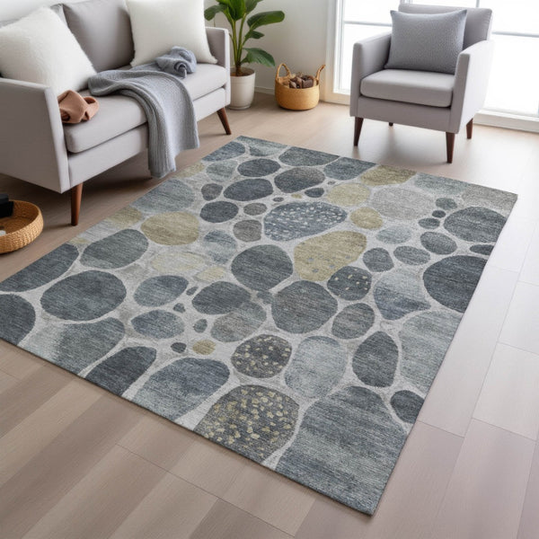 HomeRoots 5' Modern Geometric Washable Area Rug in Soft Pewter Beige and Ivory for Indoor and Outdoor Use 9' X 12' 628438