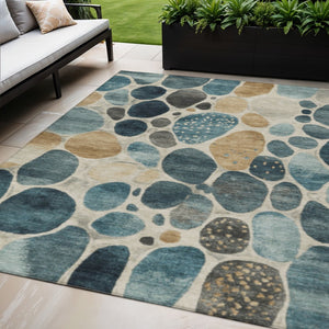 HomeRoots 5' Vibrant Teal Blue and Beige Geometric Indoor/Outdoor Area Rug for Modern Spaces, Washable Design 5' X 8' 628441