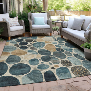HomeRoots 5' Vibrant Teal Blue and Beige Geometric Indoor/Outdoor Area Rug for Modern Spaces, Washable Design 5' X 8' 628441