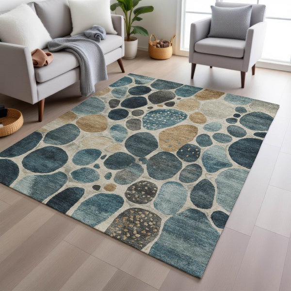 HomeRoots 5' Vibrant Teal Blue and Beige Geometric Indoor/Outdoor Area Rug for Modern Spaces, Washable Design 5' X 8' 628441