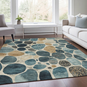HomeRoots 5' Vibrant Teal Blue and Beige Geometric Indoor/Outdoor Area Rug for Modern Spaces, Washable Design 5' X 8' 628441