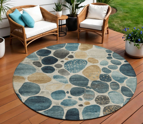 HomeRoots 5' Vibrant Teal Blue and Beige Geometric Indoor/Outdoor Area Rug for Modern Spaces, Washable Design 8' Round 628442