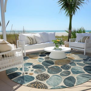 HomeRoots 5' Vibrant Teal Blue and Beige Geometric Indoor/Outdoor Area Rug for Modern Spaces, Washable Design 8' Round 628442