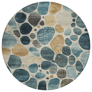 HomeRoots 5' Vibrant Teal Blue and Beige Geometric Indoor/Outdoor Area Rug for Modern Spaces, Washable Design 8' Round 628442