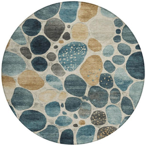 HomeRoots 5' Vibrant Teal Blue and Beige Geometric Indoor/Outdoor Area Rug for Modern Spaces, Washable Design 8' Round 628442