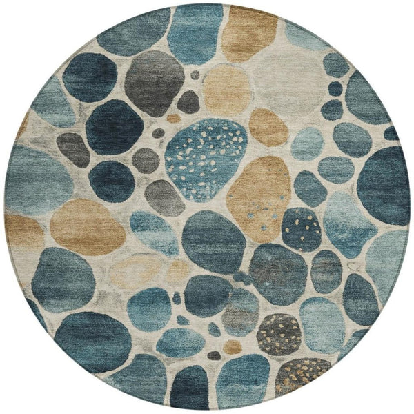 HomeRoots 5' Vibrant Teal Blue and Beige Geometric Indoor/Outdoor Area Rug for Modern Spaces, Washable Design 8' Round 628442