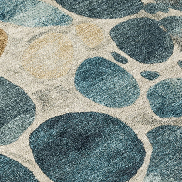 HomeRoots 5' Vibrant Teal Blue and Beige Geometric Indoor/Outdoor Area Rug for Modern Spaces, Washable Design 8' Round 628442