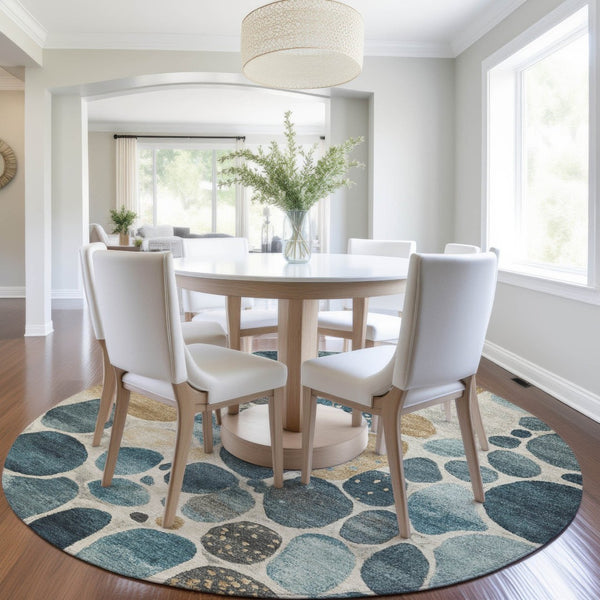 HomeRoots 5' Vibrant Teal Blue and Beige Geometric Indoor/Outdoor Area Rug for Modern Spaces, Washable Design 8' Round 628442