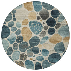 HomeRoots 5' Vibrant Teal Blue and Beige Geometric Indoor/Outdoor Area Rug for Modern Spaces, Washable Design 8' Round 628442