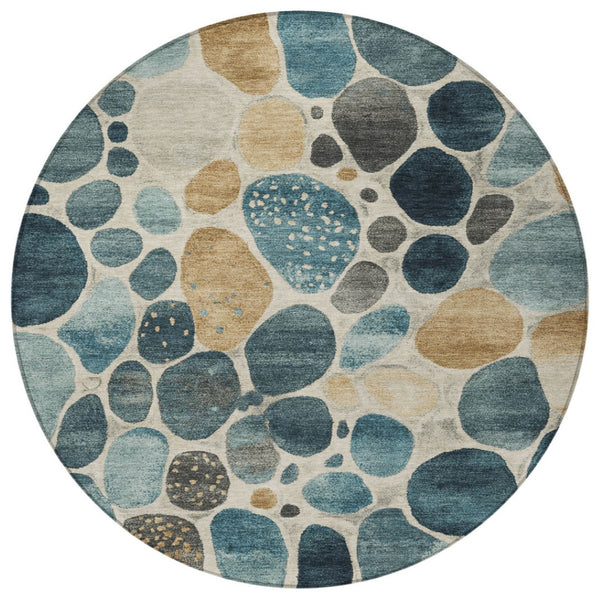 HomeRoots 5' Vibrant Teal Blue and Beige Geometric Indoor/Outdoor Area Rug for Modern Spaces, Washable Design 8' Round 628442