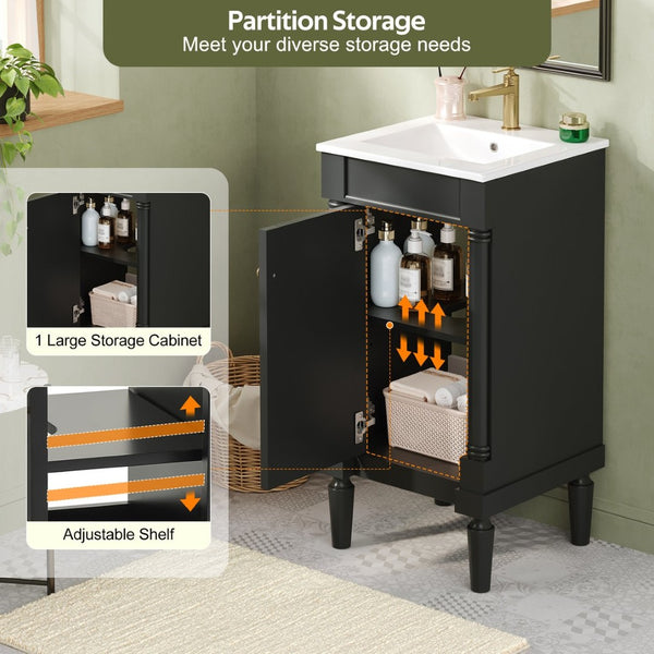 English Elm 18" French Style Vanity with Ceramic Sink Soft Close Door and Adjustable Shelf Black N710P415332B