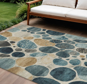 HomeRoots 5' Vibrant Teal Blue and Beige Geometric Indoor/Outdoor Area Rug for Modern Spaces, Washable Design 8' X 10' 628443