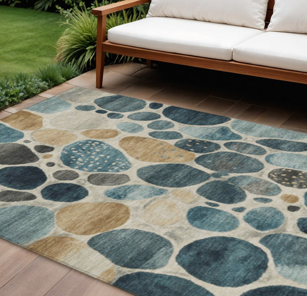 HomeRoots 5' Vibrant Teal Blue and Beige Geometric Indoor/Outdoor Area Rug for Modern Spaces, Washable Design 8' X 10' 628443