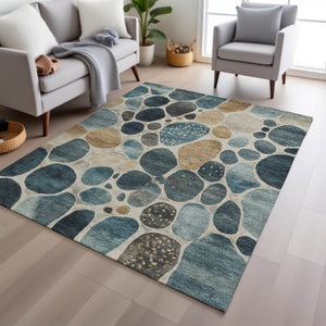 HomeRoots 5' Vibrant Teal Blue and Beige Geometric Indoor/Outdoor Area Rug for Modern Spaces, Washable Design 9' X 12' 628444