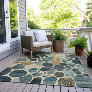 HomeRoots 5' Vibrant Teal Blue and Beige Geometric Indoor/Outdoor Area Rug for Modern Spaces, Washable Design 10' X 14' 628445