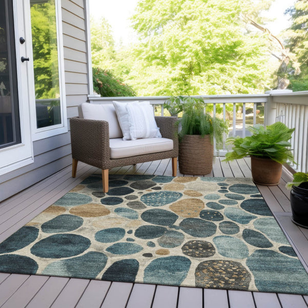 HomeRoots 5' Vibrant Teal Blue and Beige Geometric Indoor/Outdoor Area Rug for Modern Spaces, Washable Design 10' X 14' 628445