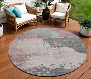 HomeRoots 5' Elegant Blush Sage Charcoal Abstract Washable Area Rug for Indoor and Outdoor Spaces 8' Round 628448