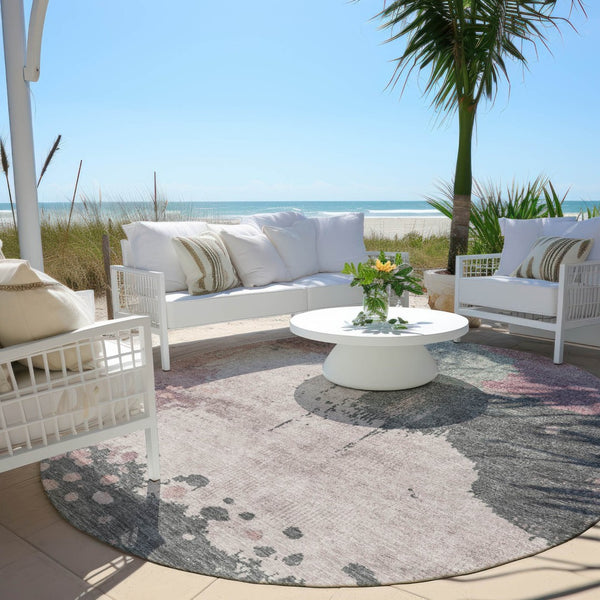 HomeRoots 5' Elegant Blush Sage Charcoal Abstract Washable Area Rug for Indoor and Outdoor Spaces 8' Round 628448
