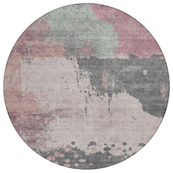 HomeRoots 5' Elegant Blush Sage Charcoal Abstract Washable Area Rug for Indoor and Outdoor Spaces 8' Round 628448