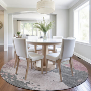HomeRoots 5' Elegant Blush Sage Charcoal Abstract Washable Area Rug for Indoor and Outdoor Spaces 8' Round 628448