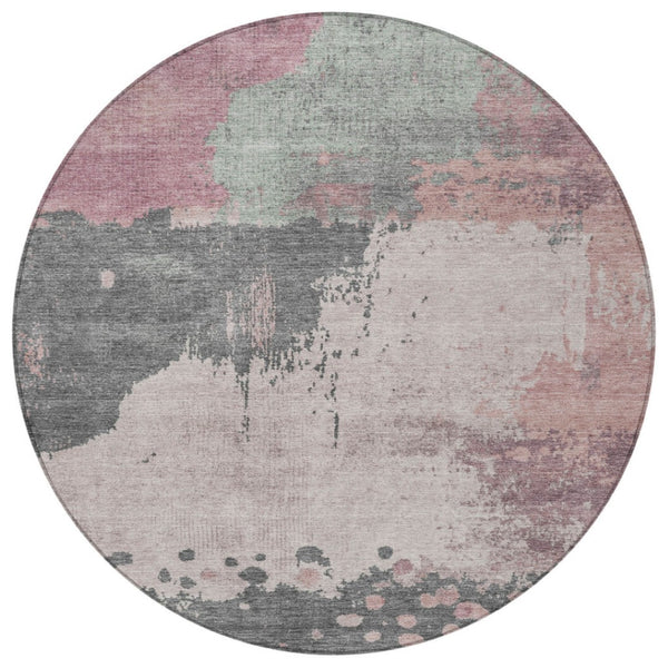 HomeRoots 5' Elegant Blush Sage Charcoal Abstract Washable Area Rug for Indoor and Outdoor Spaces 8' Round 628448