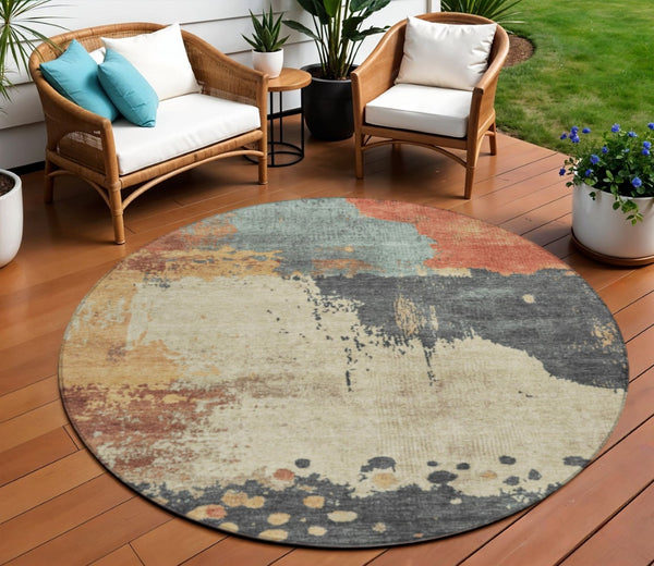 HomeRoots 5' Modern Rust Beige and Charcoal Abstract Area Rug for Indoor Outdoor Use - Durable & Washable Home Accent 8' Round 628460