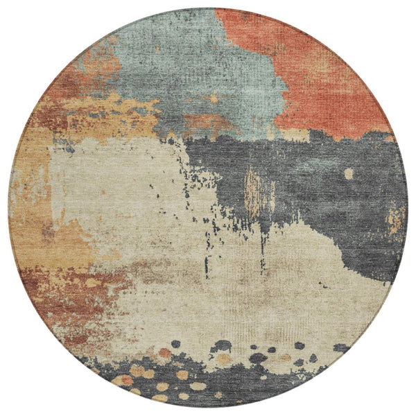 HomeRoots 5' Modern Rust Beige and Charcoal Abstract Area Rug for Indoor Outdoor Use - Durable & Washable Home Accent 8' Round 628460