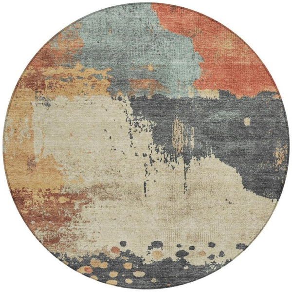 HomeRoots 5' Modern Rust Beige and Charcoal Abstract Area Rug for Indoor Outdoor Use - Durable & Washable Home Accent 8' Round 628460