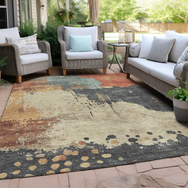 HomeRoots 5' Modern Rust Beige and Charcoal Abstract Area Rug for Indoor Outdoor Use - Durable & Washable Home Accent 10' X 14' 628463