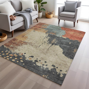 HomeRoots 5' Modern Rust Beige and Charcoal Abstract Area Rug for Indoor Outdoor Use - Durable & Washable Home Accent 10' X 14' 628463
