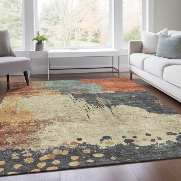 HomeRoots 5' Modern Rust Beige and Charcoal Abstract Area Rug for Indoor Outdoor Use - Durable & Washable Home Accent 10' X 14' 628463