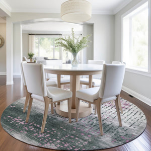 HomeRoots 5' Stylish Blush and Emerald Geometric Area Rug - Durable, Washable Design for Indoor & Outdoor Use 8' Round 628478