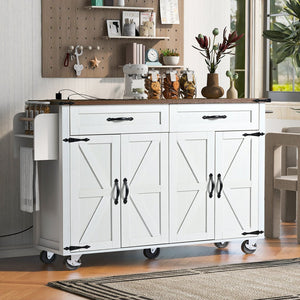 English Elm K&K Farmhouse Kitchen Island Cart 53.5" with Drop Leaf, Built-In Power Station, Ample Storage & Wheels White N707P170348W