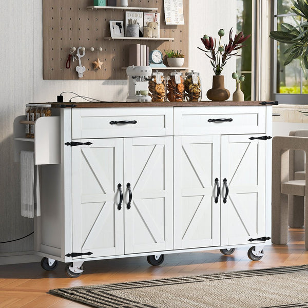English Elm K&K Farmhouse Kitchen Island Cart 53.5" with Drop Leaf, Built-In Power Station, Ample Storage & Wheels White N707P170348W