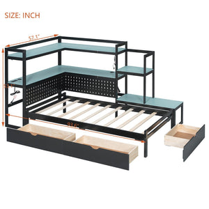 English Elm Twin Gaming Daybed with Led Strips Desk Pegboard Bookcase and Three Storage Drawers Black+Blue N820S00083C