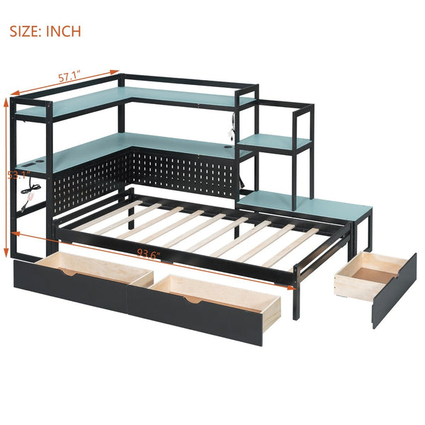 English Elm Twin Gaming Daybed with Led Strips Desk Pegboard Bookcase and Three Storage Drawers Black+Blue N820S00083C